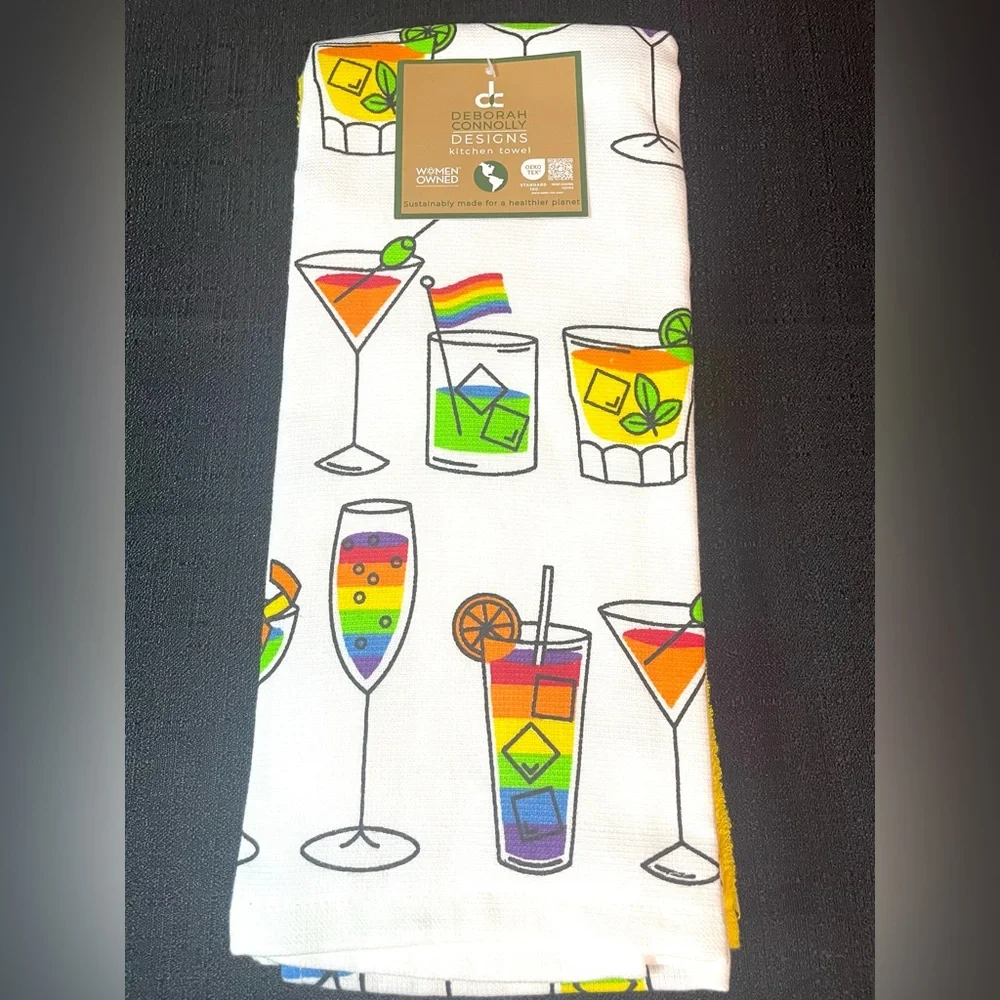 Cocktails Kitchen Towel Set 3-pc White w/ Rainbow PRIDE Martinis Wine++ NEW NWT